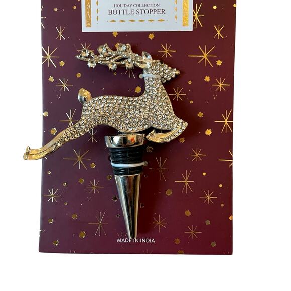 Gold Rhinestone Reindeer Bottle Stopper Holiday Barware New - Picture 7 of 7